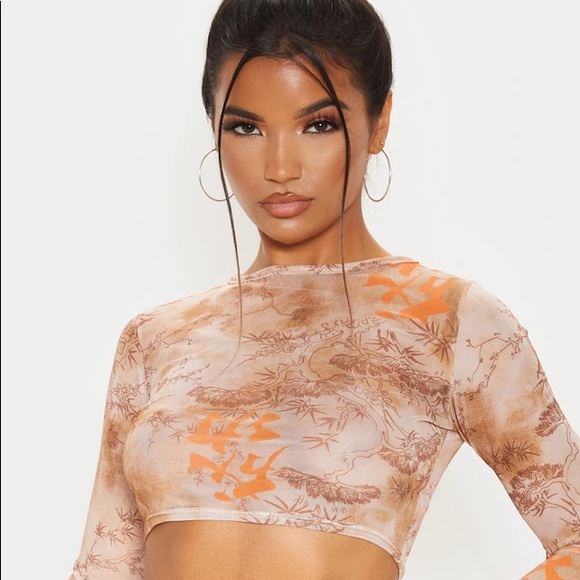 Pretty Little things Orange Tie Dye Printed Mesh Long Sleeve Crop Top - Picture 5 of 5